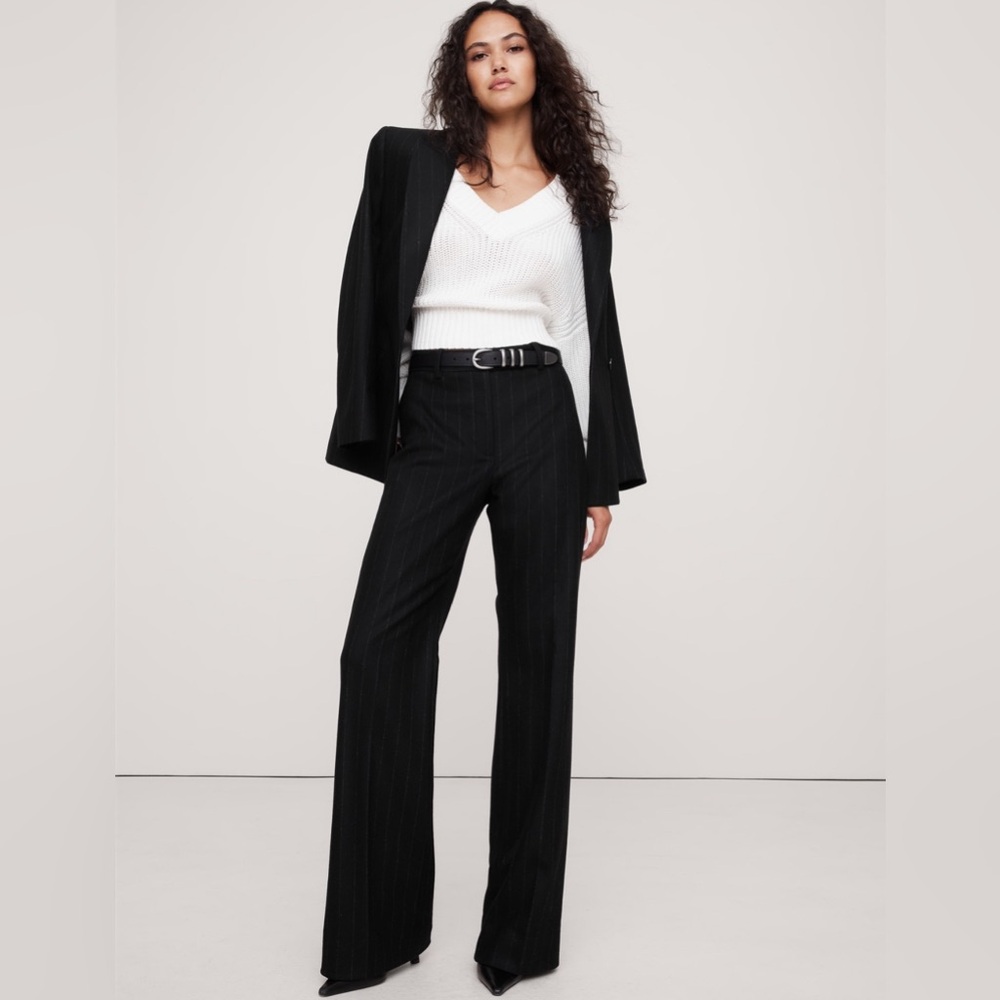 NWT! BANANA REPUBLIC WOMENS BLACK STRIPE HIGH-RISE WIDE-LEG FLARE FLANNEL PANT